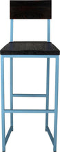 Load image into Gallery viewer, Duck-egg blue metal stool with back with black stain ash wood made in UK - front view square frame
