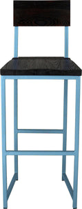 Duck-egg blue metal stool with back with black stain ash wood made in UK - front view square frame