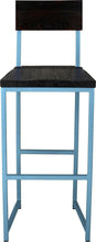 Load image into Gallery viewer, Duck-egg blue metal stool with back with black stain ash wood made in UK - front view square frame
