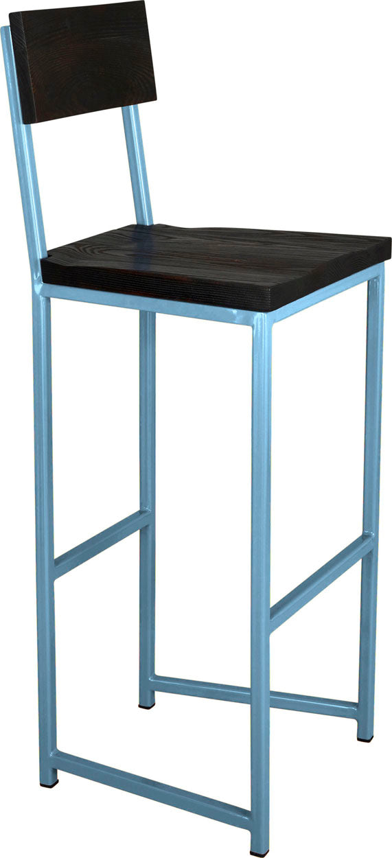 Duck-egg blue metal stool with back with black stain ash wood made in UK - angle view square frame