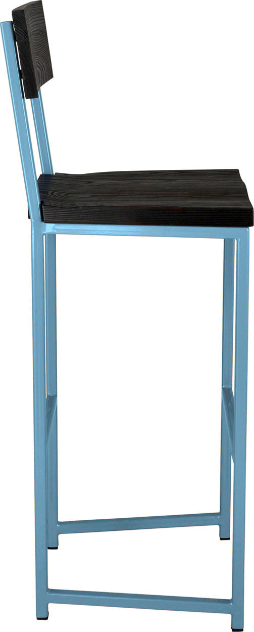 Duck-egg blue metal stool with back with black stain ash wood made in UK - side view square frame