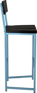 Duck-egg blue metal stool with back with black stain ash wood made in UK - side view square frame