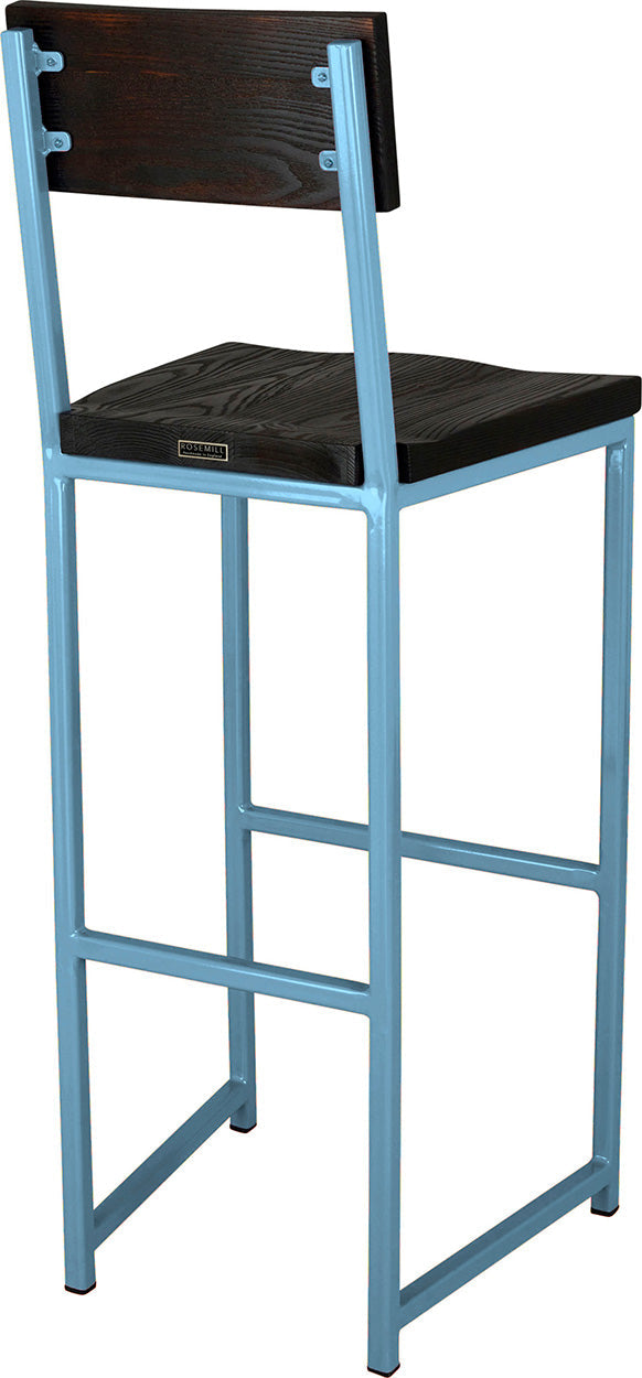 Duck-egg blue metal stool with back with black stain ash wood made in UK - back side view square frame