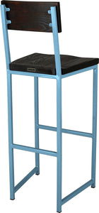 Duck-egg blue metal stool with back with black stain ash wood made in UK - back side view square frame