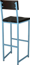 Load image into Gallery viewer, Duck-egg blue metal stool with back with black stain ash wood made in UK - back side view square frame
