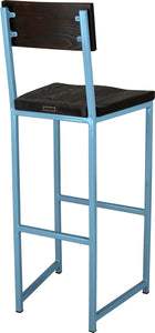 Duck-egg blue metal stool with back with black stain ash wood made in UK - back side view square frame