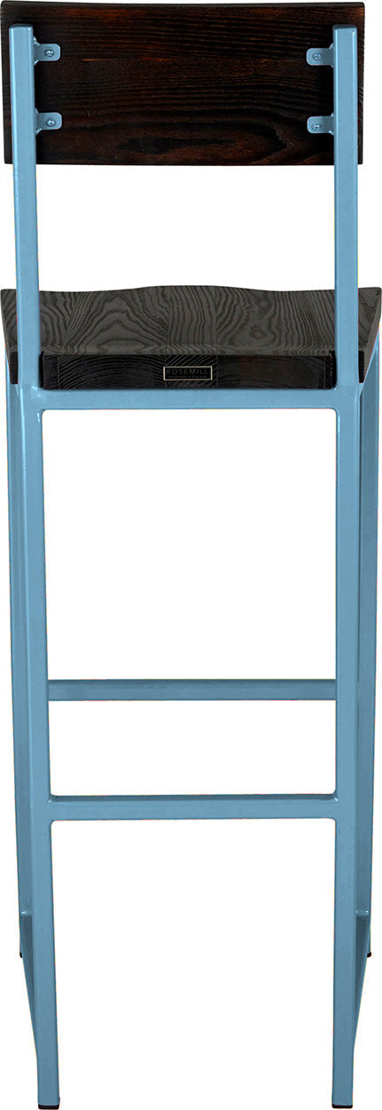 Duck-egg blue metal stool with back with black stain ash wood made in UK - back view square frame