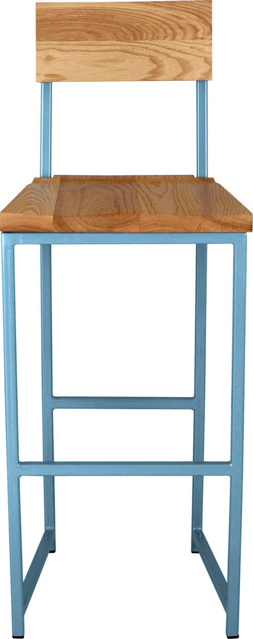 Duck-egg blue metal stool with back with natural stain ash wood made in UK - front view square frame