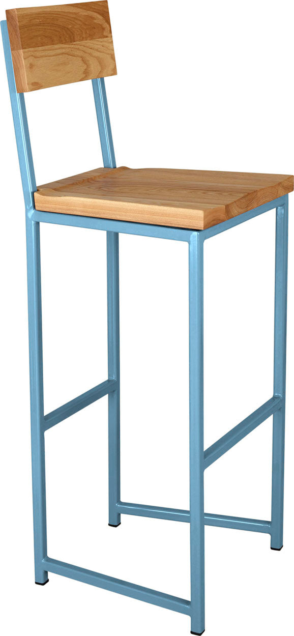 Duck-egg blue metal stool with back with natural stain ash wood made in UK - angle view square frame