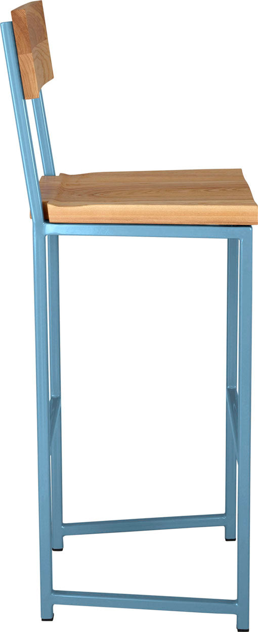 Duck-egg blue metal stool with back with natural stain ash wood made in UK - side view square frame