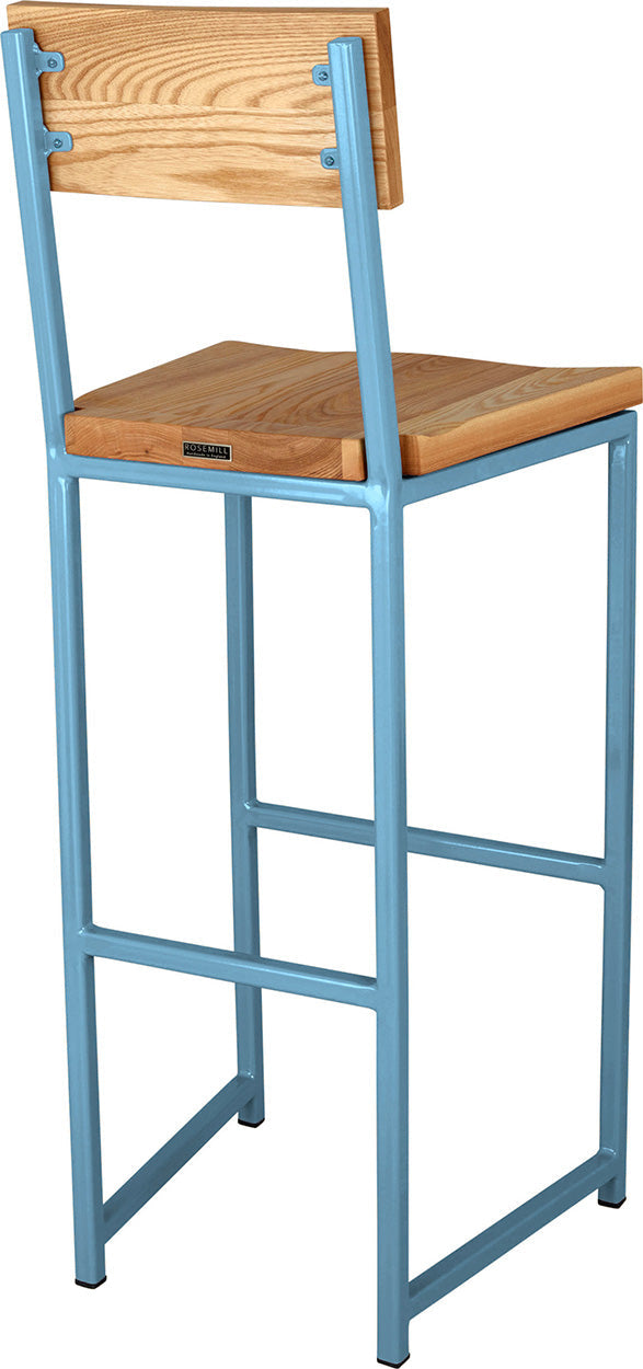 Duck-egg blue metal stool with back with natural stain ash wood made in UK - back side view square frame
