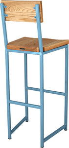 Duck-egg blue metal stool with back with natural stain ash wood made in UK - back side view square frame