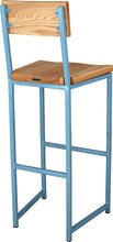 Load image into Gallery viewer, Duck-egg blue metal stool with back with natural stain ash wood made in UK - back side view square frame
