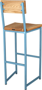 Duck-egg blue metal stool with back with natural stain ash wood made in UK - back side view square frame