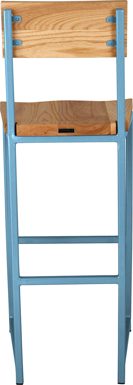 Duck-egg blue metal stool with back with natural stain ash wood made in UK - back view square frame