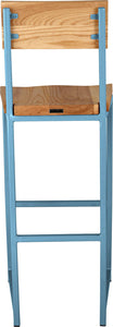 Duck-egg blue metal stool with back with natural stain ash wood made in UK - back view square frame
