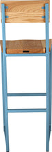 Load image into Gallery viewer, Duck-egg blue metal stool with back with natural stain ash wood made in UK - back view square frame
