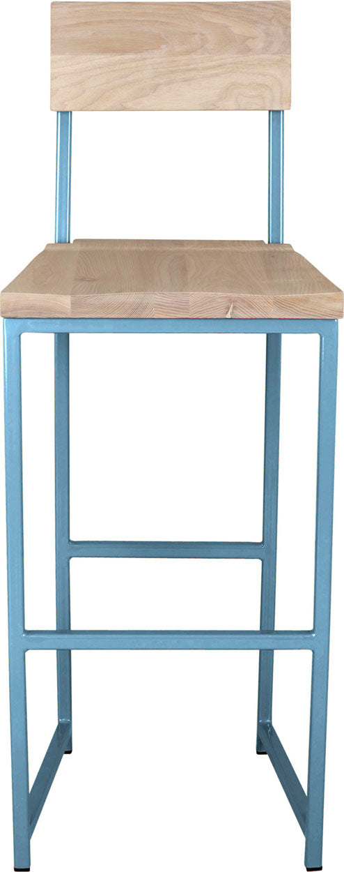Duck-egg blue metal stool with back with whitewash stain ash wood made in UK - front view square frame