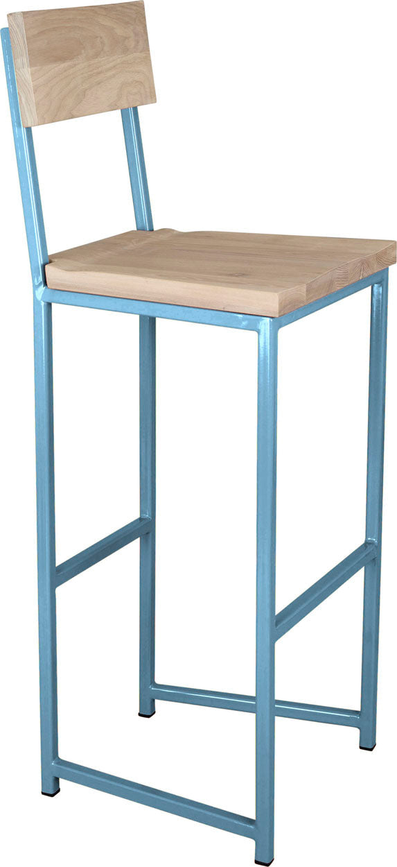 Duck-egg blue metal stool with back with whitewash stain ash wood made in UK - angle view square frame