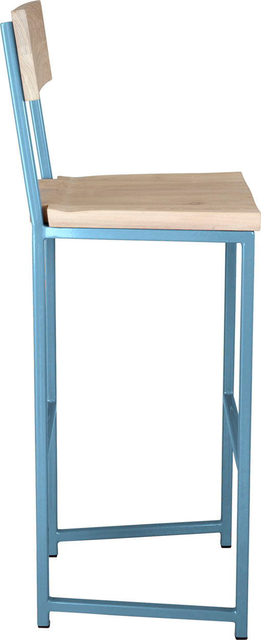 Duck-egg blue metal stool with back with whitewash stain ash wood made in UK - side view square frame