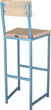 Load image into Gallery viewer, Duck-egg blue metal stool with back with whitewash stain ash wood made in UK - back side view square frame
