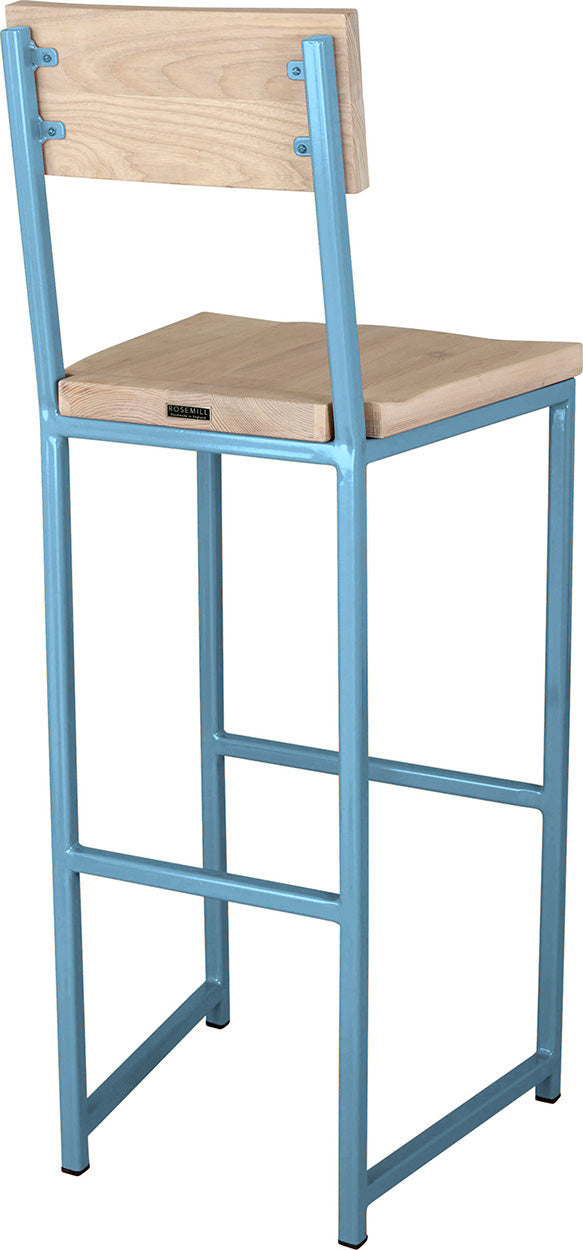 Duck-egg blue metal stool with back with whitewash stain ash wood made in UK - back side view square frame