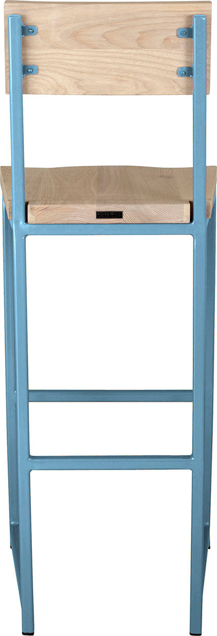 Duck-egg blue metal stool with back with whitewash stain ash wood made in UK - back view square frame