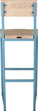 Load image into Gallery viewer, Duck-egg blue metal stool with back with whitewash stain ash wood made in UK - back view square frame
