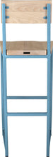 Load image into Gallery viewer, Duck-egg blue metal stool with back with whitewash stain ash wood made in UK - back view square frame
