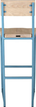 Load image into Gallery viewer, Duck-egg blue metal stool with back with whitewash stain ash wood made in UK - back view square frame
