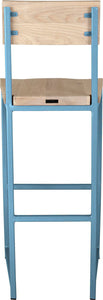 Duck-egg blue metal stool with back with whitewash stain ash wood made in UK - back view square frame