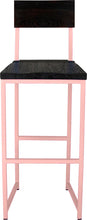 Load image into Gallery viewer, Pink metal stool with back with black stain ash wood made in UK - front view square frame
