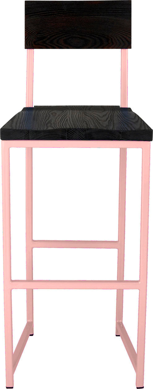 Pink metal stool with back with black stain ash wood made in UK - front view square frame
