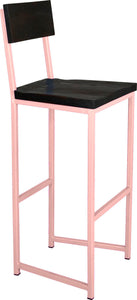 Pink metal stool with back with black stain ash wood made in UK - angle view square frame
