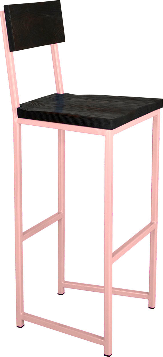 Pink metal stool with back with black stain ash wood made in UK - angle view square frame