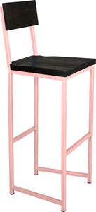 Pink metal stool with back with black stain ash wood made in UK - angle view square frame