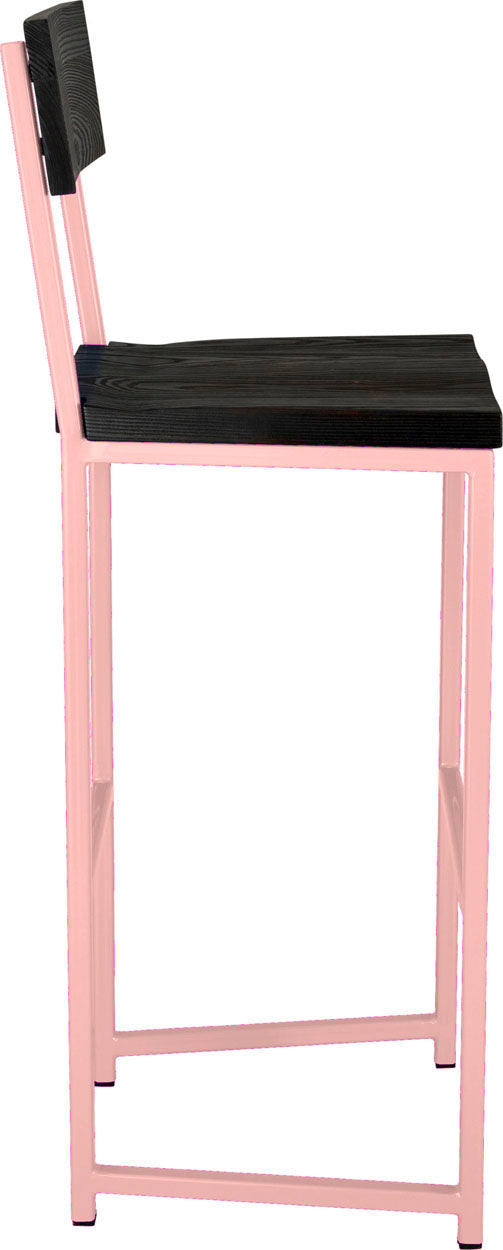 Pink metal stool with back with black stain ash wood made in UK - side view square frame