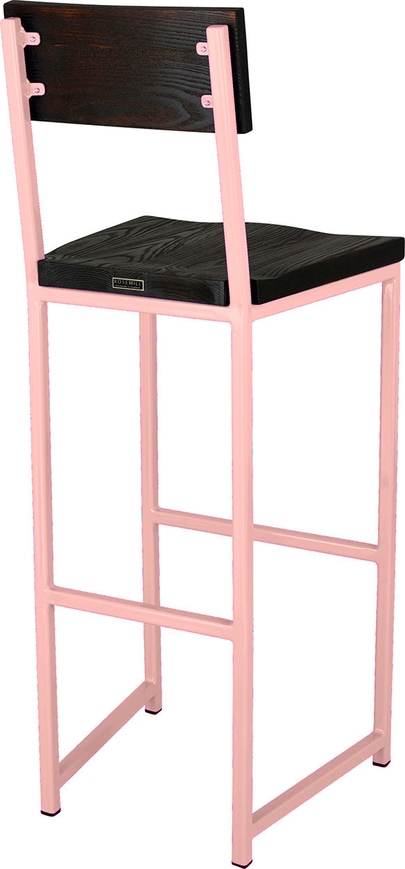 Pink metal stool with back with black stain ash wood made in UK - back side view square frame