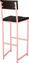 Load image into Gallery viewer, Pink metal stool with back with black stain ash wood made in UK - back side view square frame
