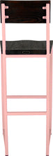 Load image into Gallery viewer, Pink metal stool with back with black stain ash wood made in UK - back view square frame

