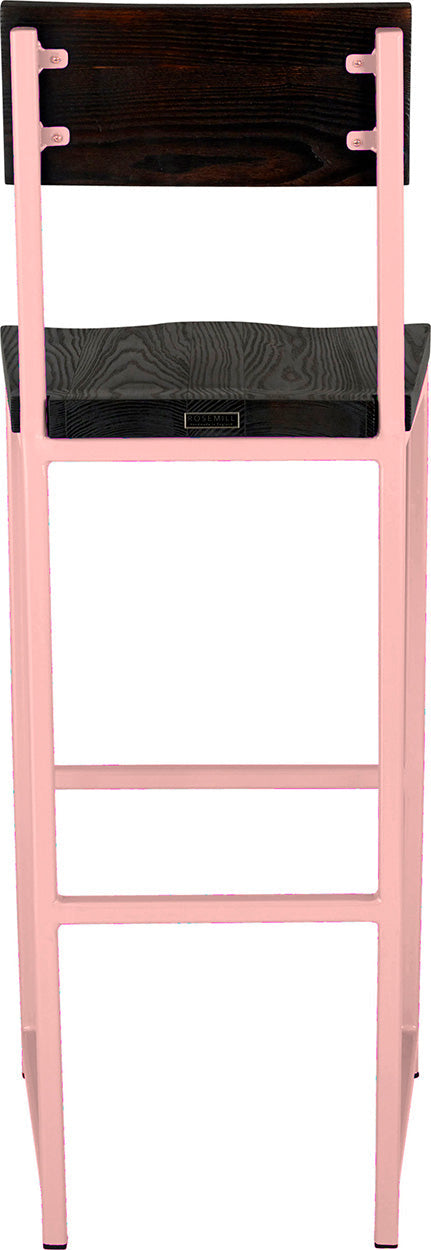 Pink metal stool with back with black stain ash wood made in UK - back view square frame