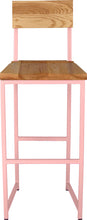 Load image into Gallery viewer, Pink metal stool with back with natural stain ash wood made in UK - front view square frame
