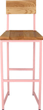 Load image into Gallery viewer, Pink metal stool with back with natural stain ash wood made in UK - front view square frame
