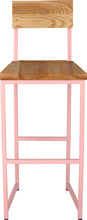 Load image into Gallery viewer, Pink metal stool with back with natural stain ash wood made in UK - front view square frame
