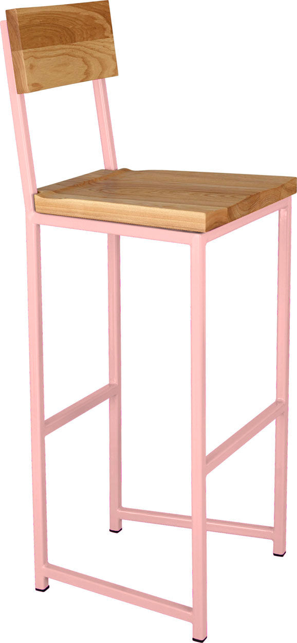 Pink metal stool with back with natural stain ash wood made in UK - angle view square frame