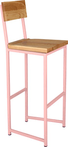 Pink metal stool with back with natural stain ash wood made in UK - angle view square frame