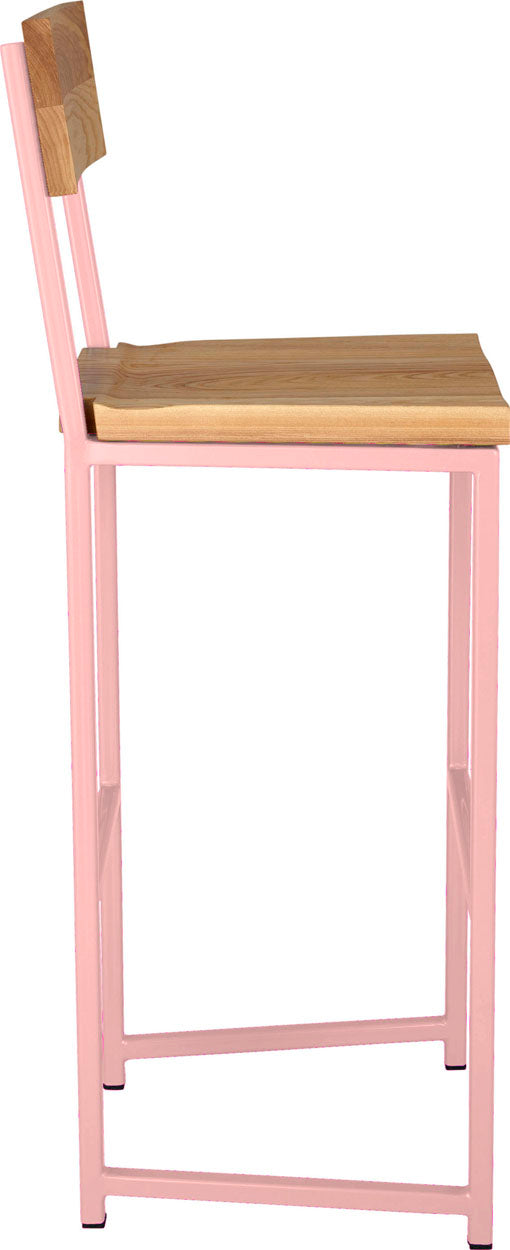 Pink metal stool with back with natural stain ash wood made in UK - side view square frame