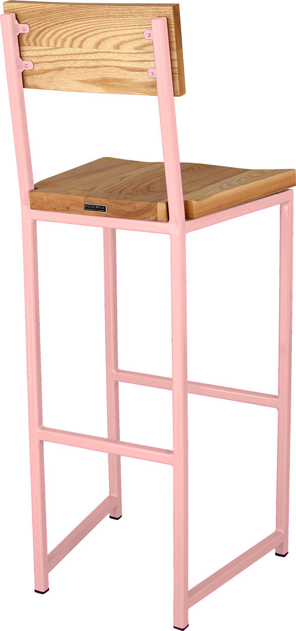 Pink metal stool with back with natural stain ash wood made in UK - back side view square frame