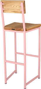 Pink metal stool with back with natural stain ash wood made in UK - back side view square frame