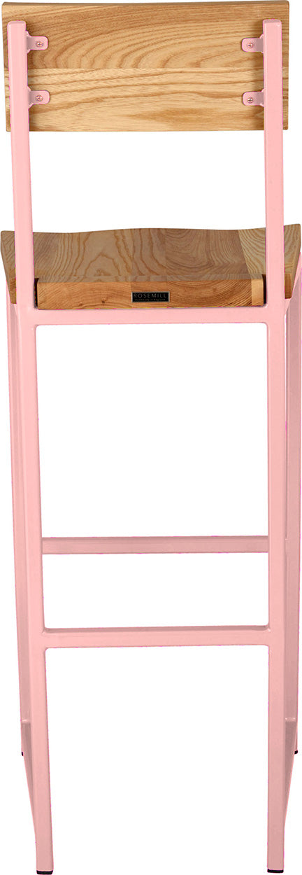 Pink metal stool with back with natural stain ash wood made in UK - back view square frame